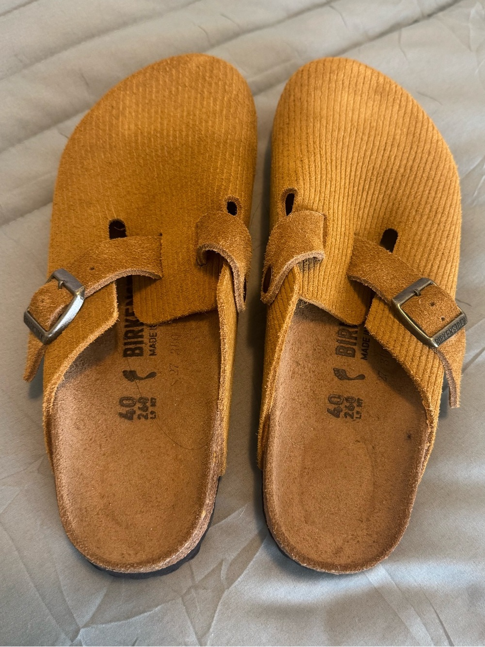 Birkenstock Slip-On Suede Mules in Mustard Yellow; brand new never worn.